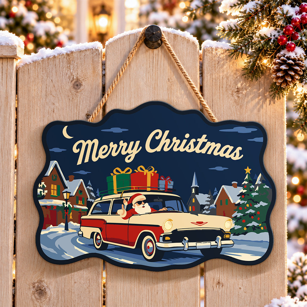 Santa wagon with gifts paint by numbers door hanger on a garden gate