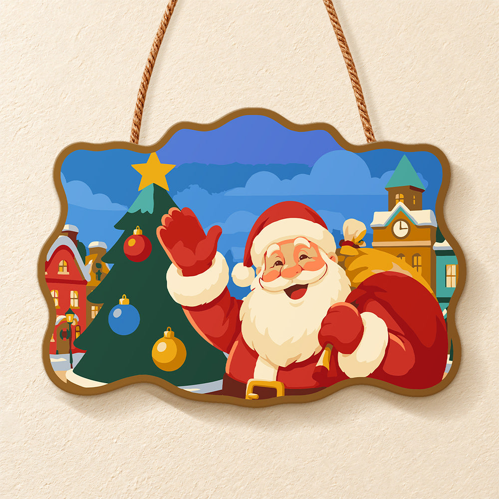 Santa waving by christmas tree paint by numbers door hanger finished design
