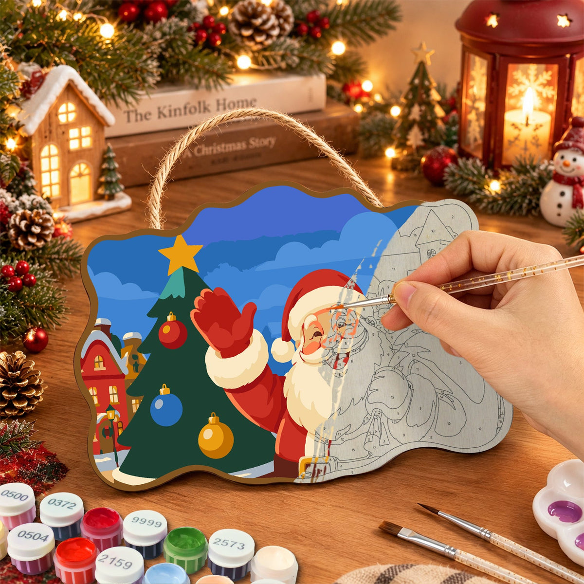 Santa waving by christmas tree paint by numbers door hanger painting process