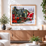 Finished santa waving by festive train cross stitch artwork displayed