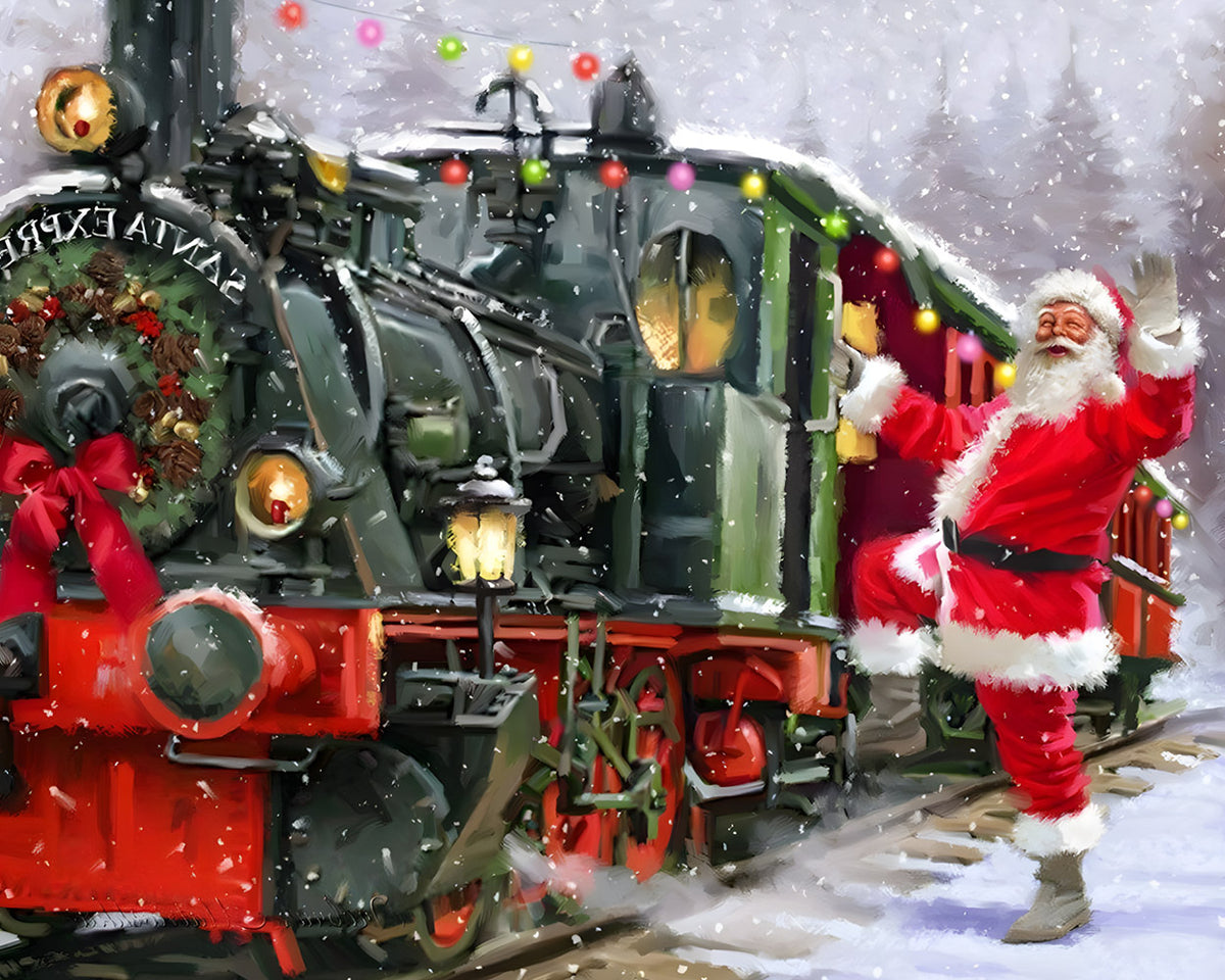 Santa waving by festive train cross stitch kit for beginners