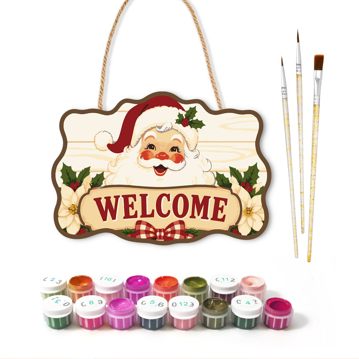 Santa welcome paint by numbers door hanger with paints and brushes