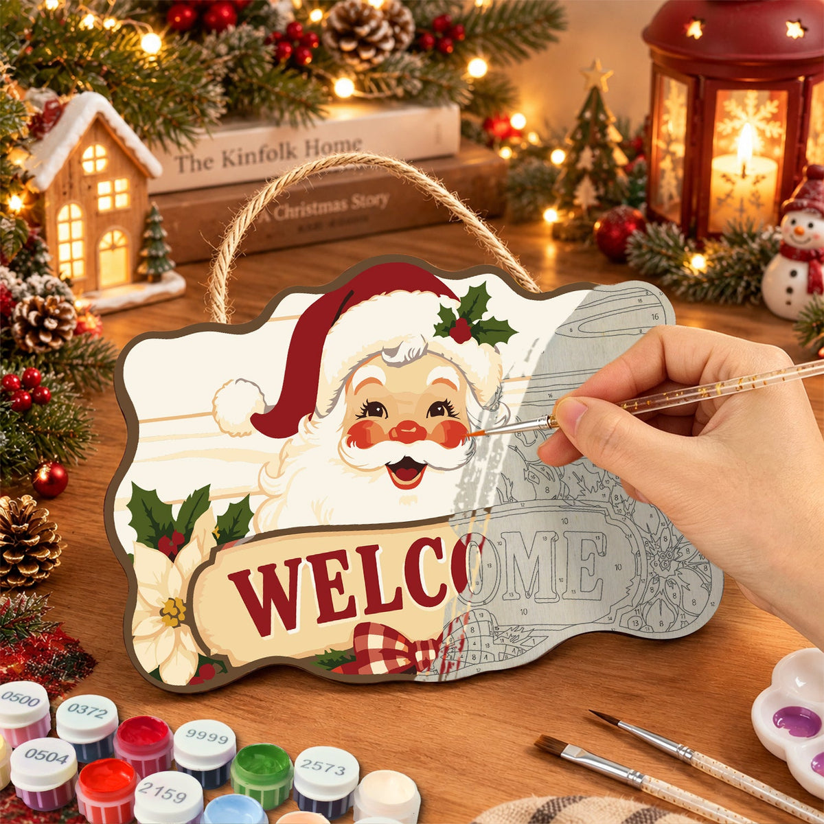 Santa welcome paint by numbers door hanger painting process