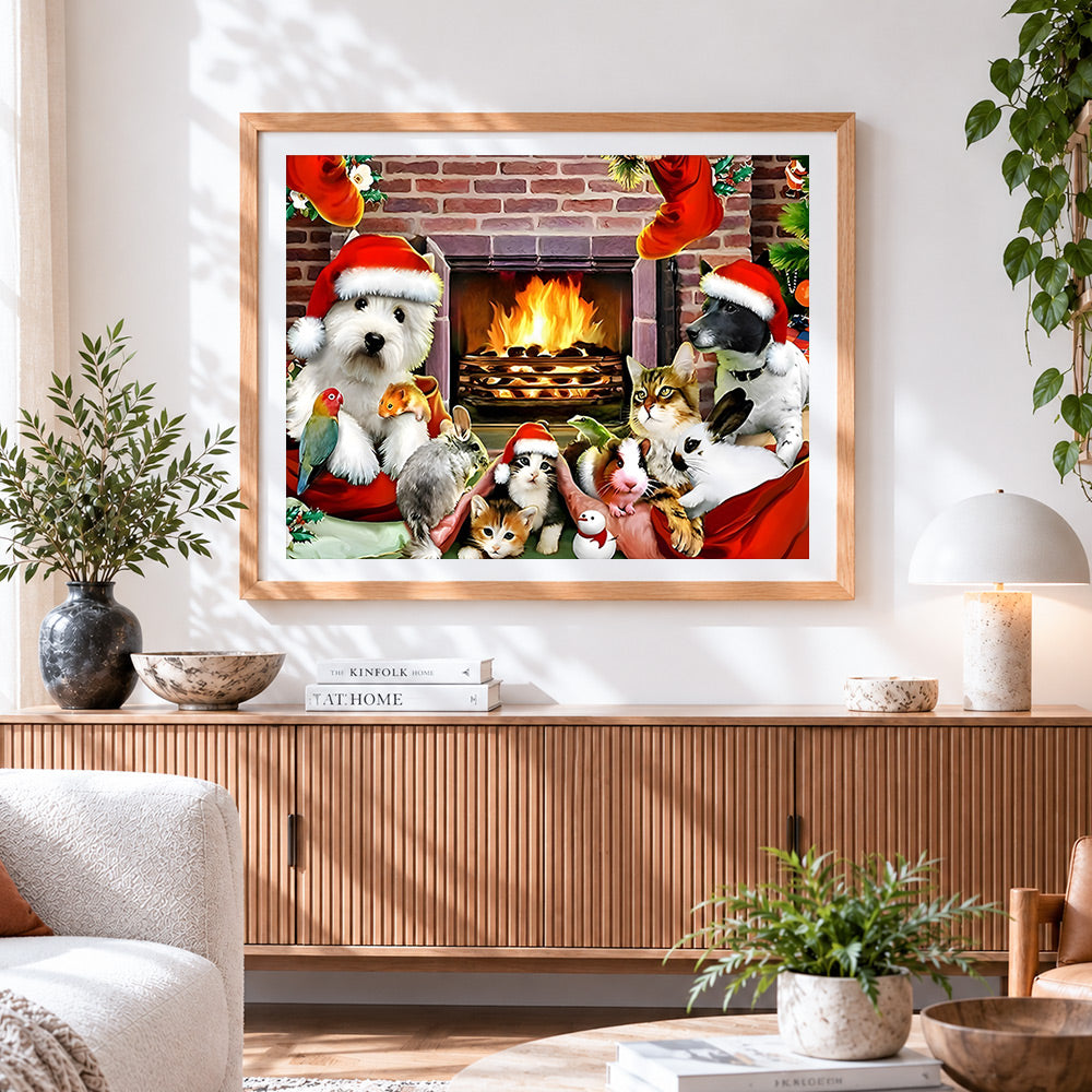Finished santa with a basket of pets cross stitch artwork displayed