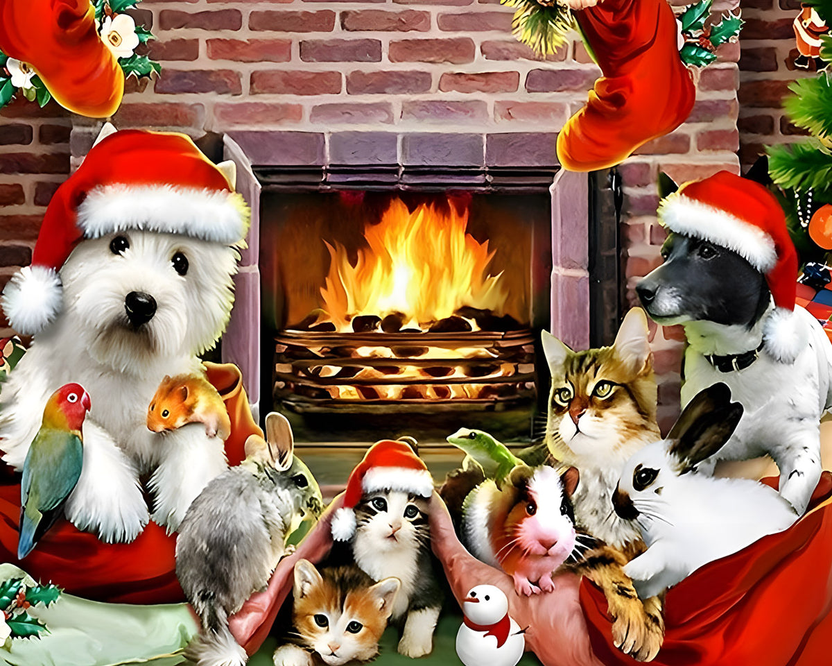Santa with a basket of pets cross stitch kit for beginners