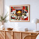Santa with a basket of pets cross stitch artwork displayed on wall as home decor