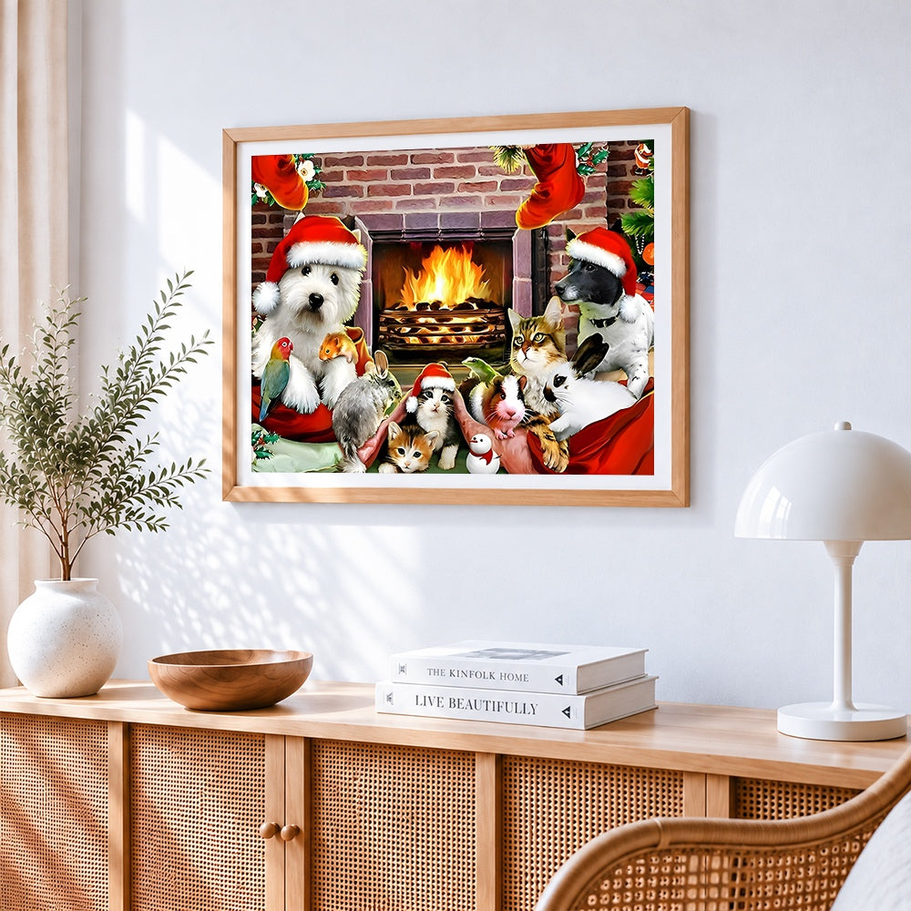 Santa with a basket of pets cross stitch artwork displayed on wall as home decor