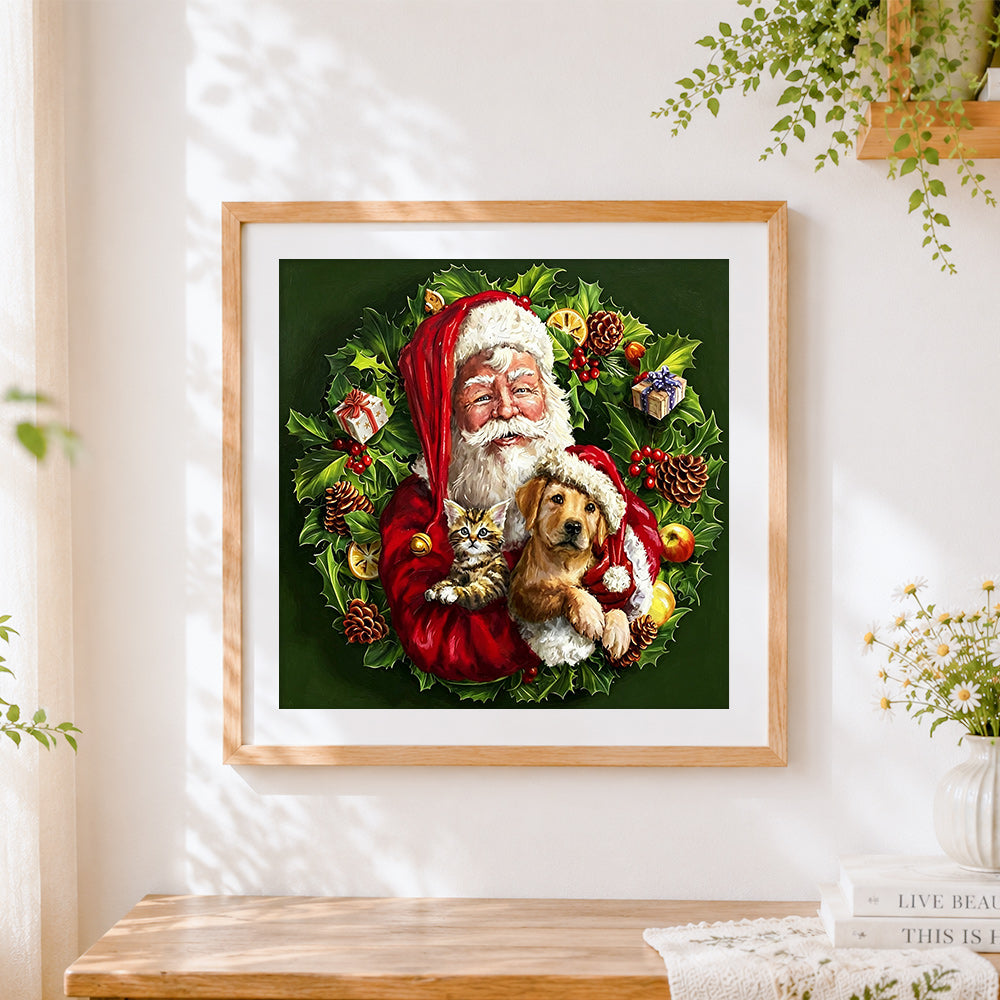 Finished santa with cat and dog in a festive wreath cross stitch artwork displayed