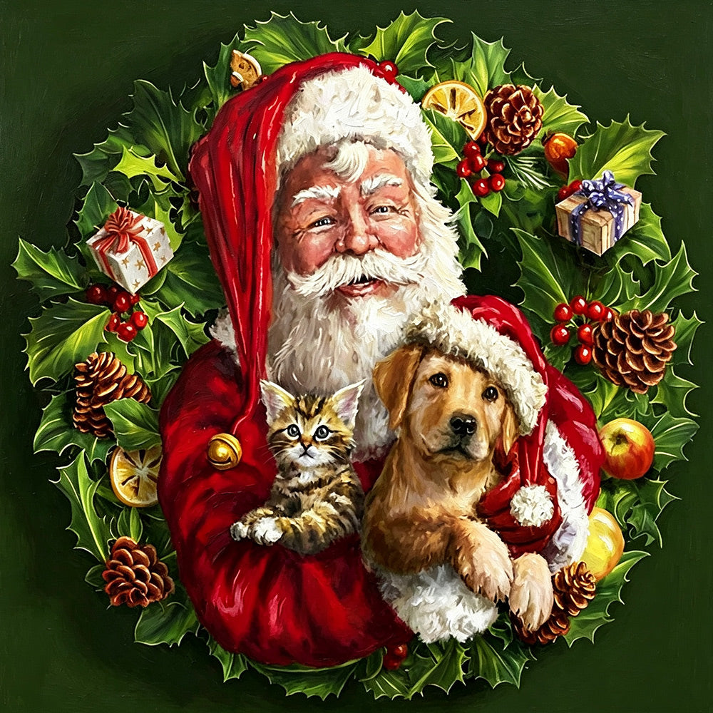 Santa with cat and dog in a festive wreath cross stitch kit for beginners