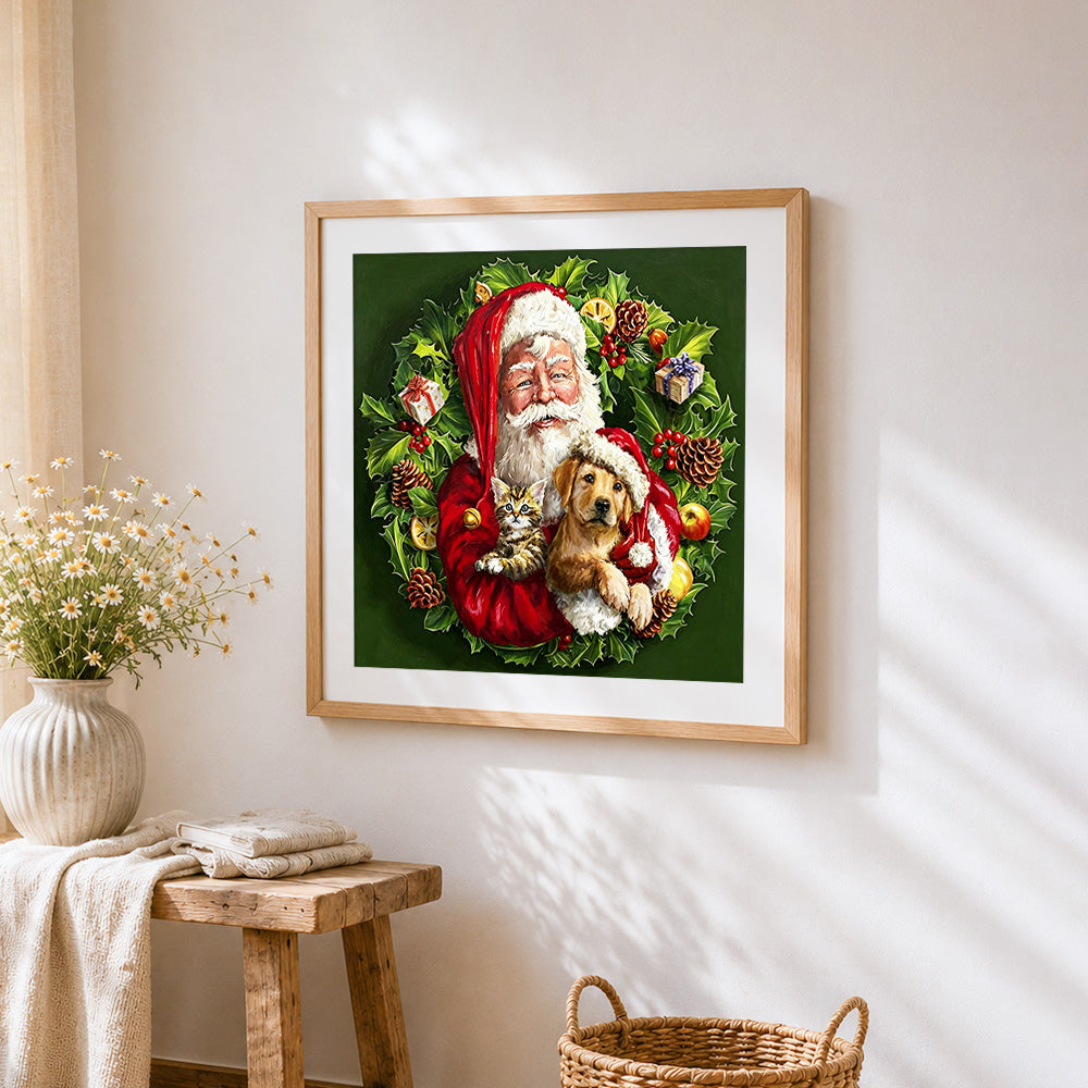 Santa with cat and dog in a festive wreath paint by numbers artwork displayed on wall as home decor