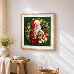 Santa with cat and dog in a festive wreath paint by numbers artwork displayed on wall as home decor