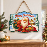 Santa with christmas train paint by numbers door hanger as indoor wall decor
