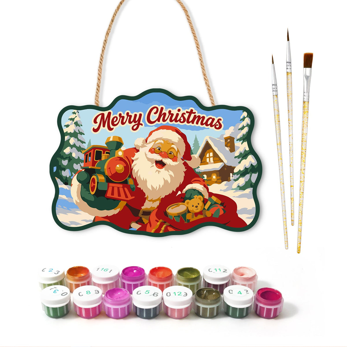 Santa with christmas train paint by numbers door hanger with paints and brushes