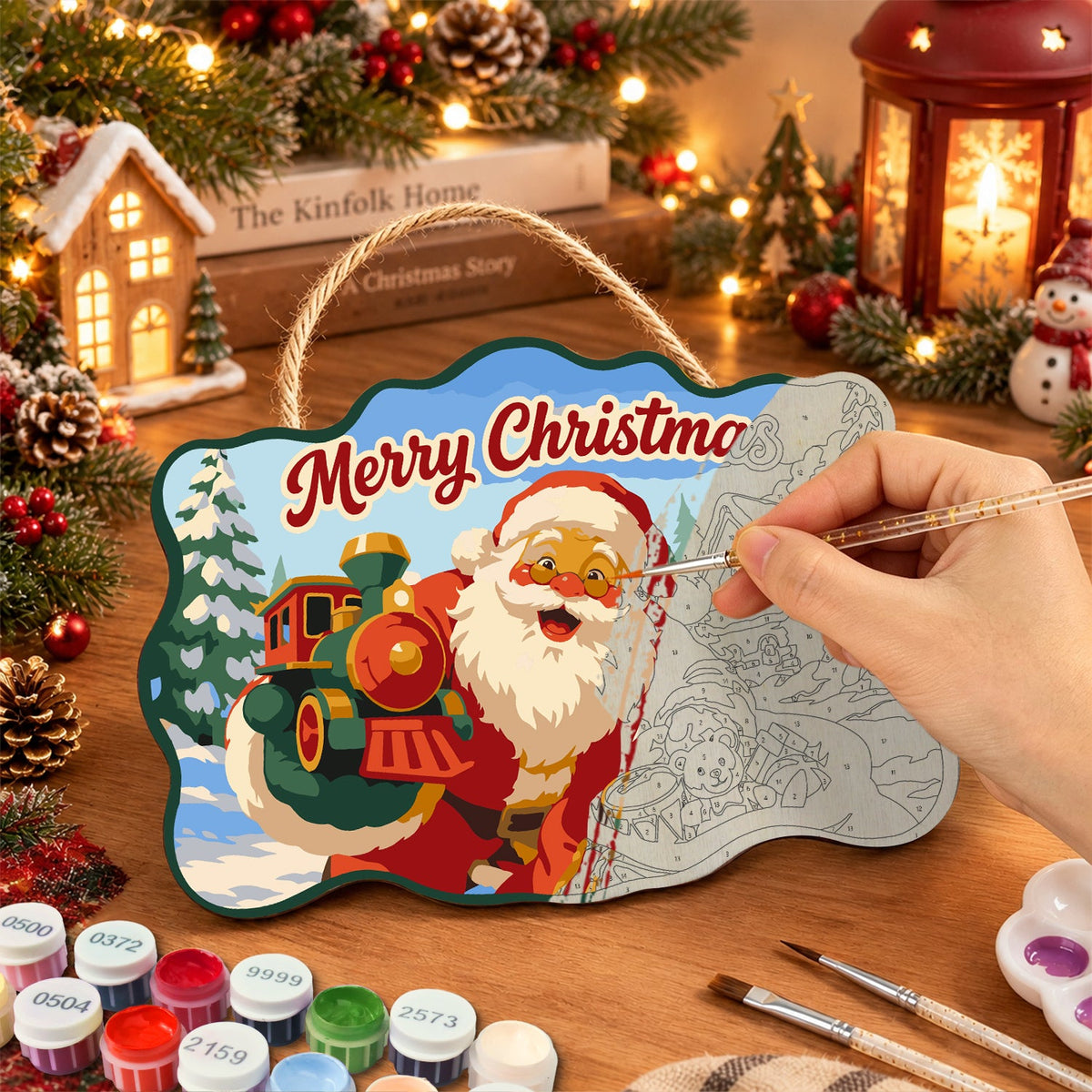 Santa with christmas train paint by numbers door hanger painting process