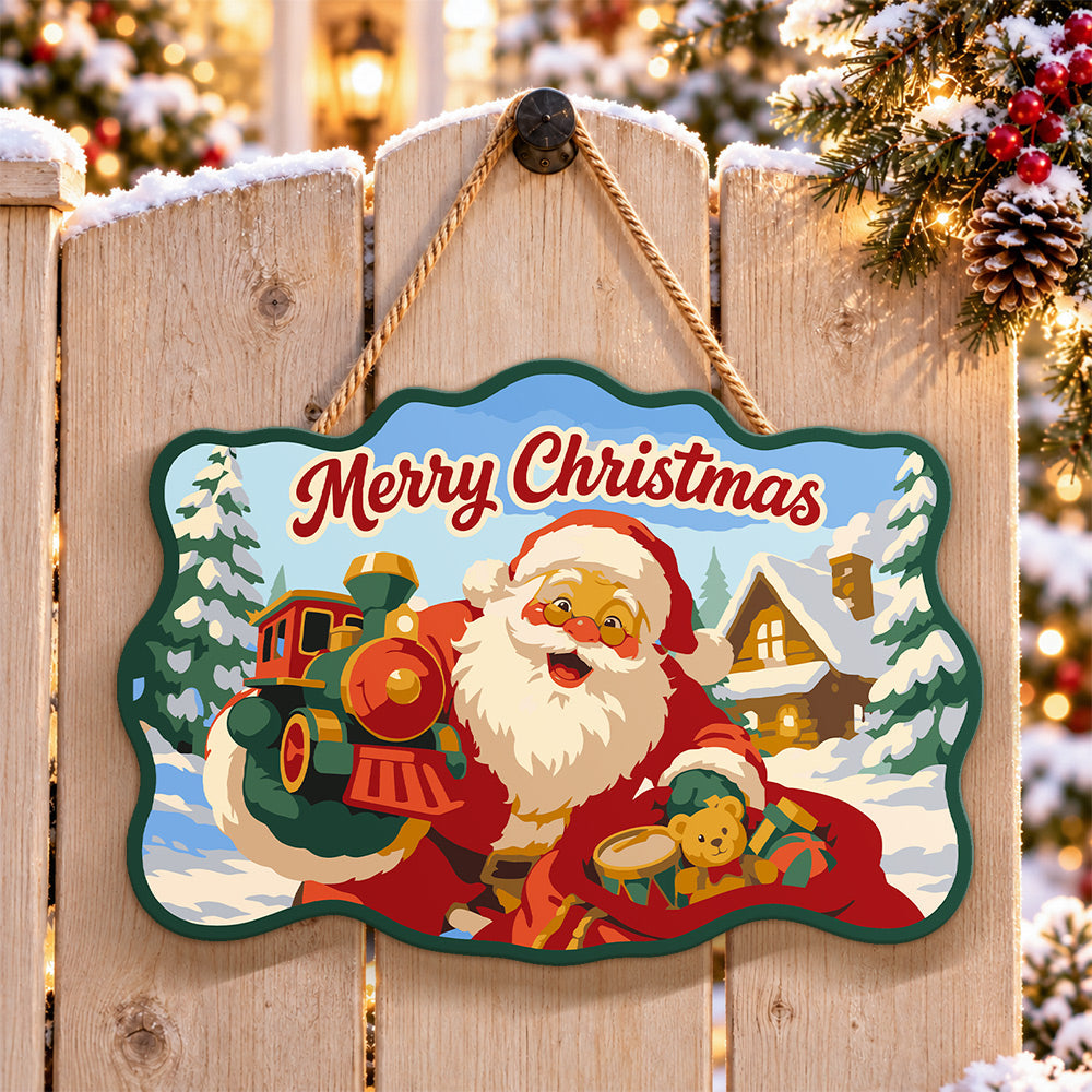 Santa with christmas train paint by numbers door hanger on a garden gate