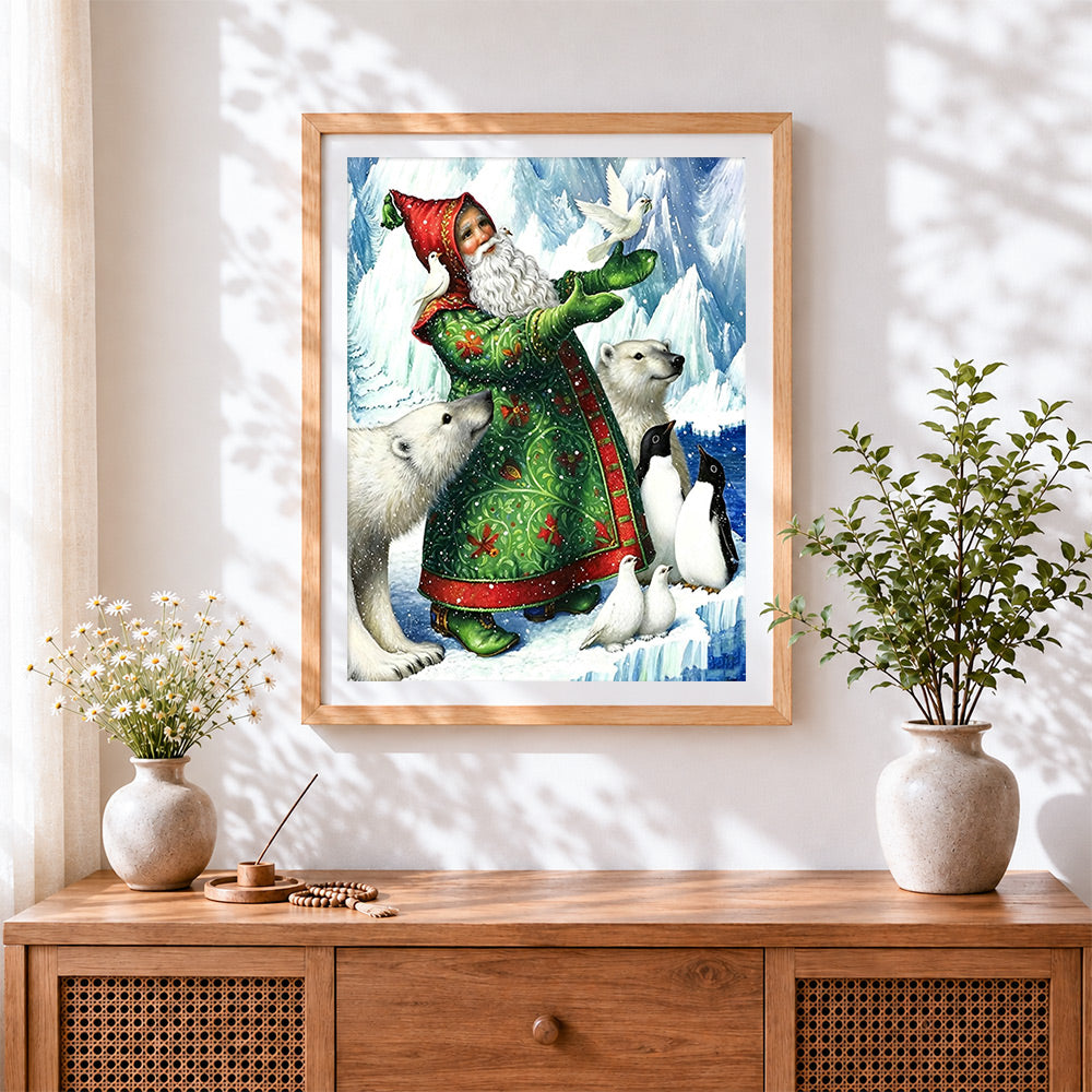 Finished santa with polar bears and penguins cross stitch artwork displayed