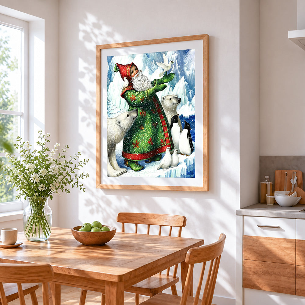 Santa with polar bears and penguins cross stitch artwork displayed on wall as home decor