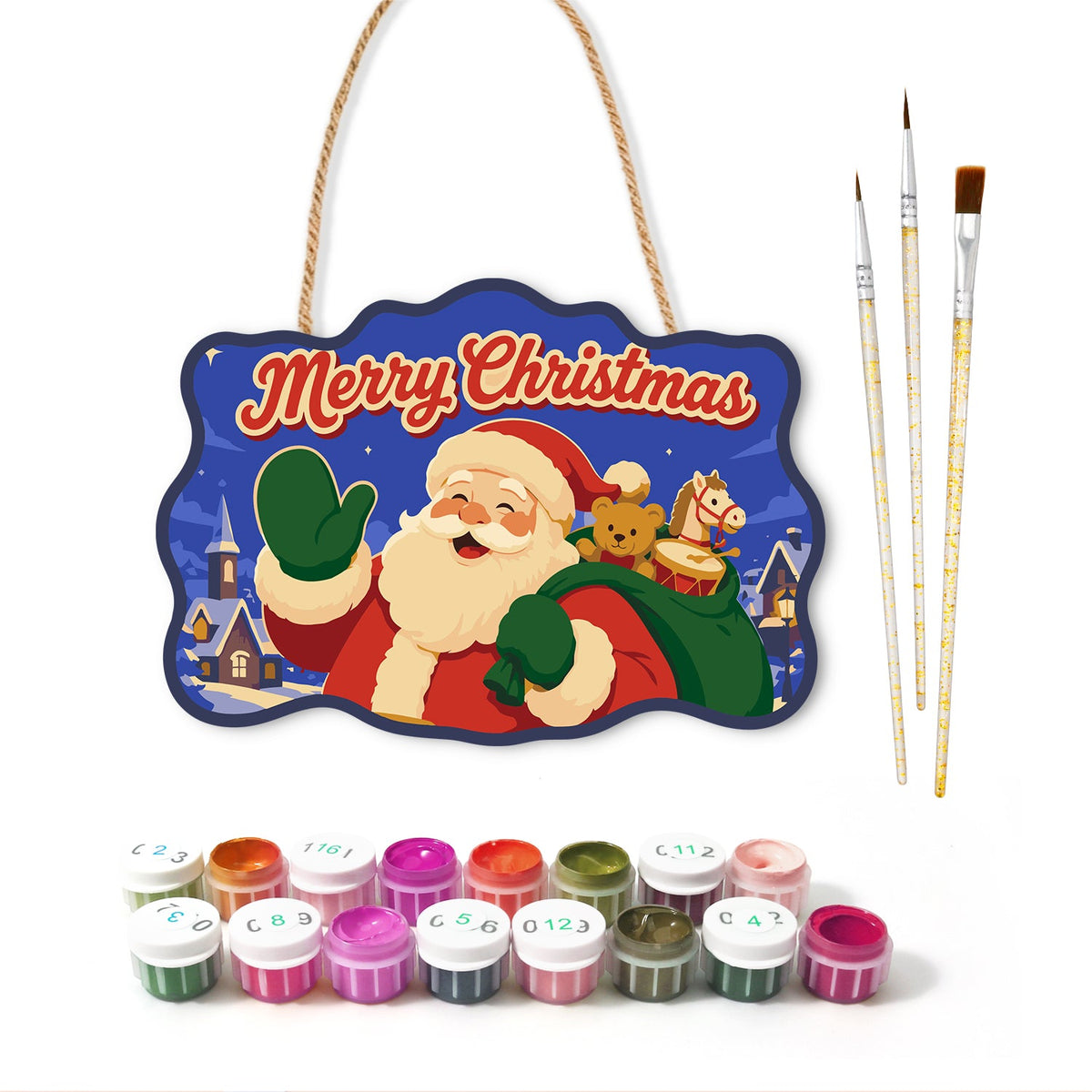 Santa with toy sack paint by numbers door hanger with paints and brushes
