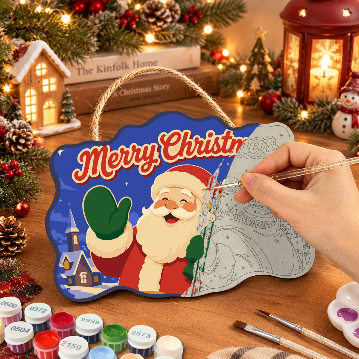 Santa with toy sack paint by numbers door hanger painting process
