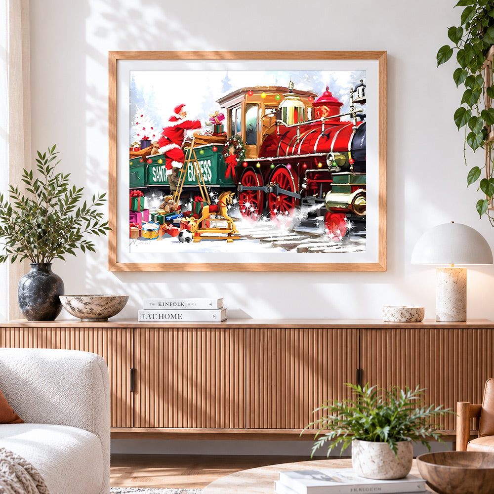 Finished santa's express train with toys cross stitch artwork displayed