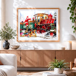 Finished santa's express train with toys cross stitch artwork displayed