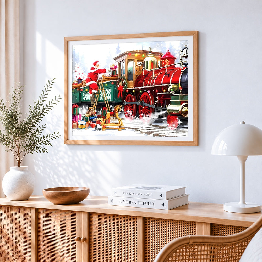 Santa's express train with toys cross stitch artwork displayed on wall as home decor