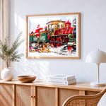 Santa's express train with toys cross stitch artwork displayed on wall as home decor