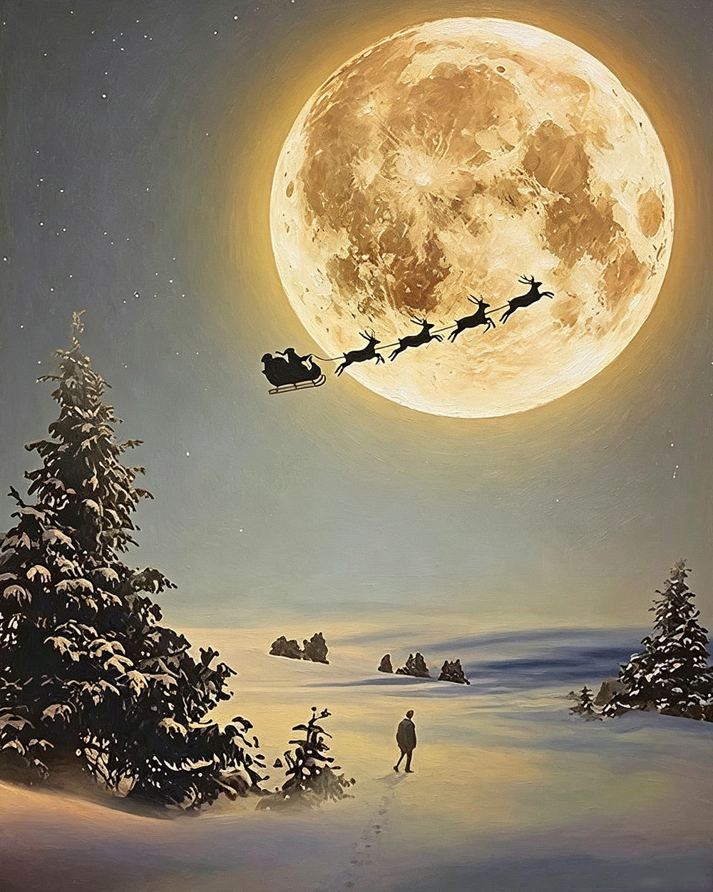 Santa's sleigh flying across a full moon cross stitch kit for beginners