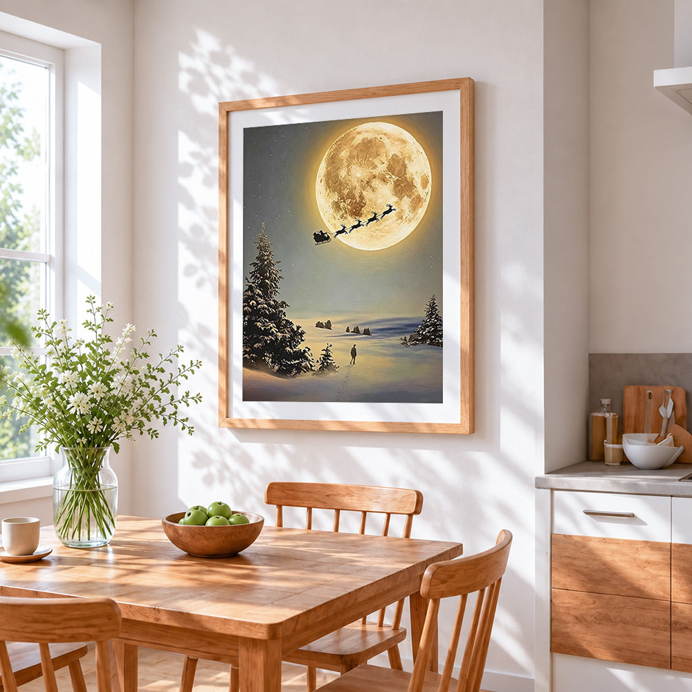 Santa's sleigh flying across a full moon cross stitch artwork displayed on wall as home decor