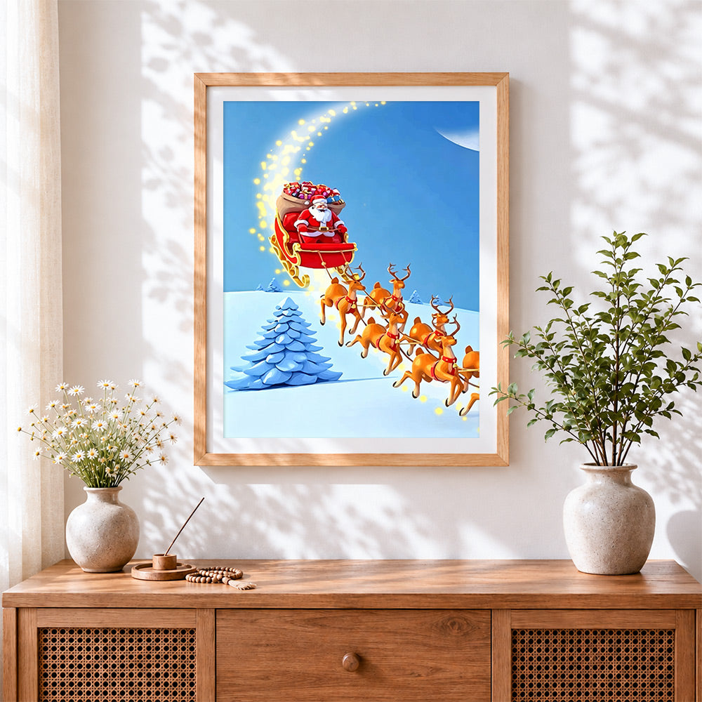 Finished santa's sleigh flying over a christmas tree cross stitch artwork displayed