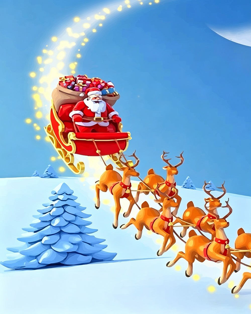 Santa's sleigh flying over a christmas tree cross stitch kit for beginners