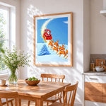 Santa's sleigh flying over a christmas tree cross stitch artwork displayed on wall as home decor