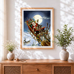 Finished santa's sleigh flying over a snowy church cross stitch artwork displayed
