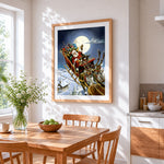 Santa's sleigh flying over a snowy church cross stitch artwork displayed on wall as home decor