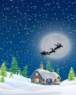 Santa's sleigh flying over a snowy cottage cross stitch kit for beginners