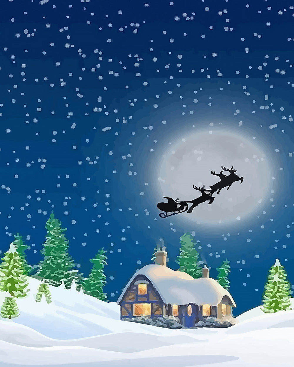 Santa's sleigh flying over a snowy cottage cross stitch kit for beginners