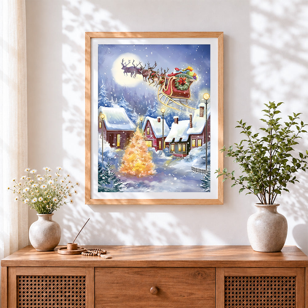 Finished santa's sleigh flying over a snowy village cross stitch artwork displayed