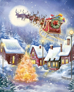 Santa's sleigh flying over a snowy village cross stitch kit for beginners