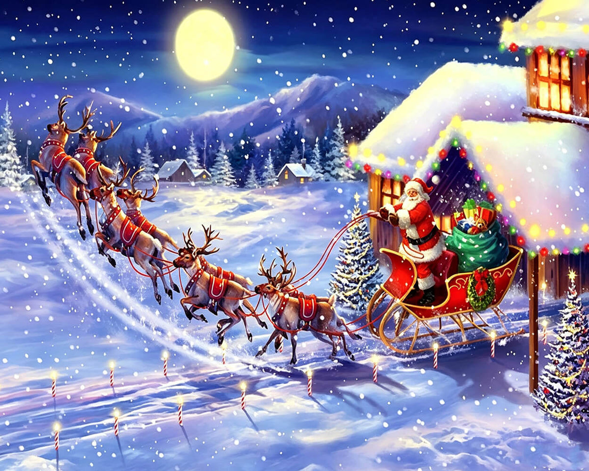 Santa's sleigh flying over snowy mountains cross stitch kit for beginners