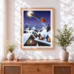 Finished santa's sleigh flying over snowy rooftops cross stitch artwork displayed