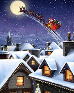 Santa's sleigh flying over snowy rooftops cross stitch kit for beginners