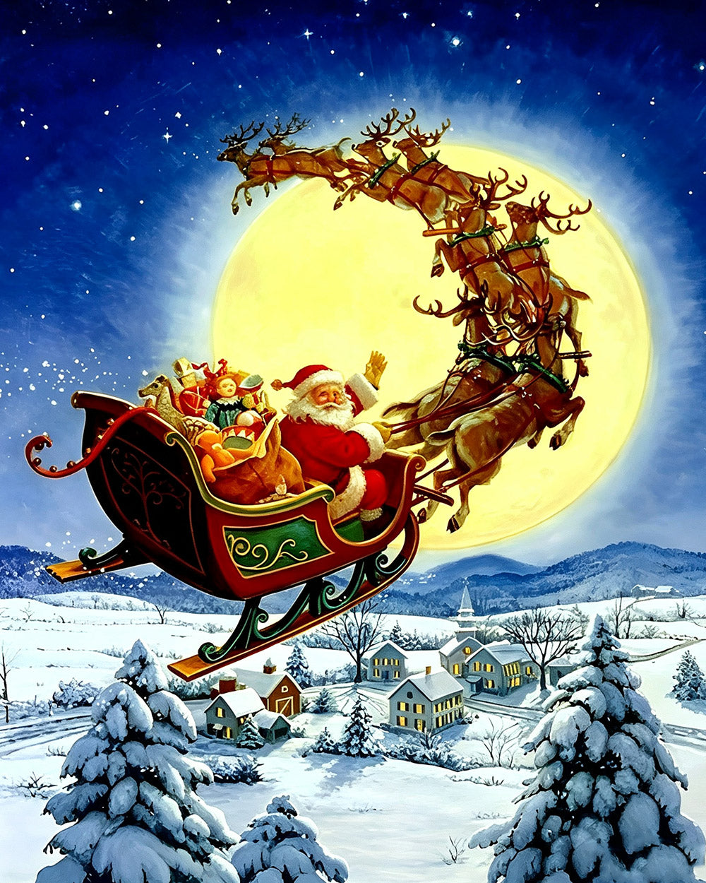 Santa's sleigh flying over the full moon cross stitch kit for beginners