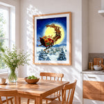 Santa's sleigh flying over the full moon cross stitch artwork displayed on wall as home decor