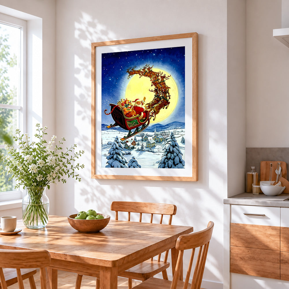 Santa's sleigh flying over the full moon cross stitch artwork displayed on wall as home decor
