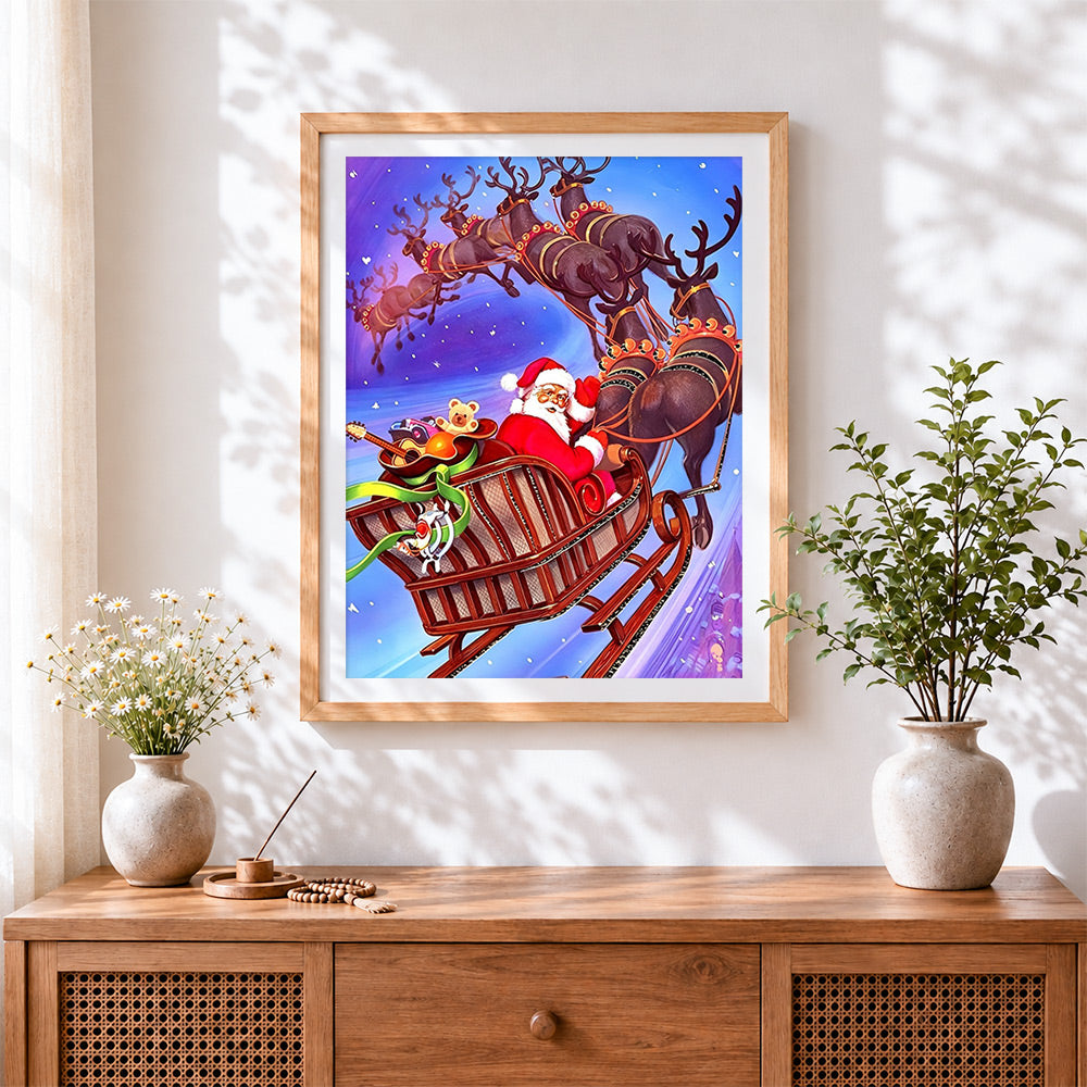 Finished santa's sleigh flying through the sky cross stitch artwork displayed