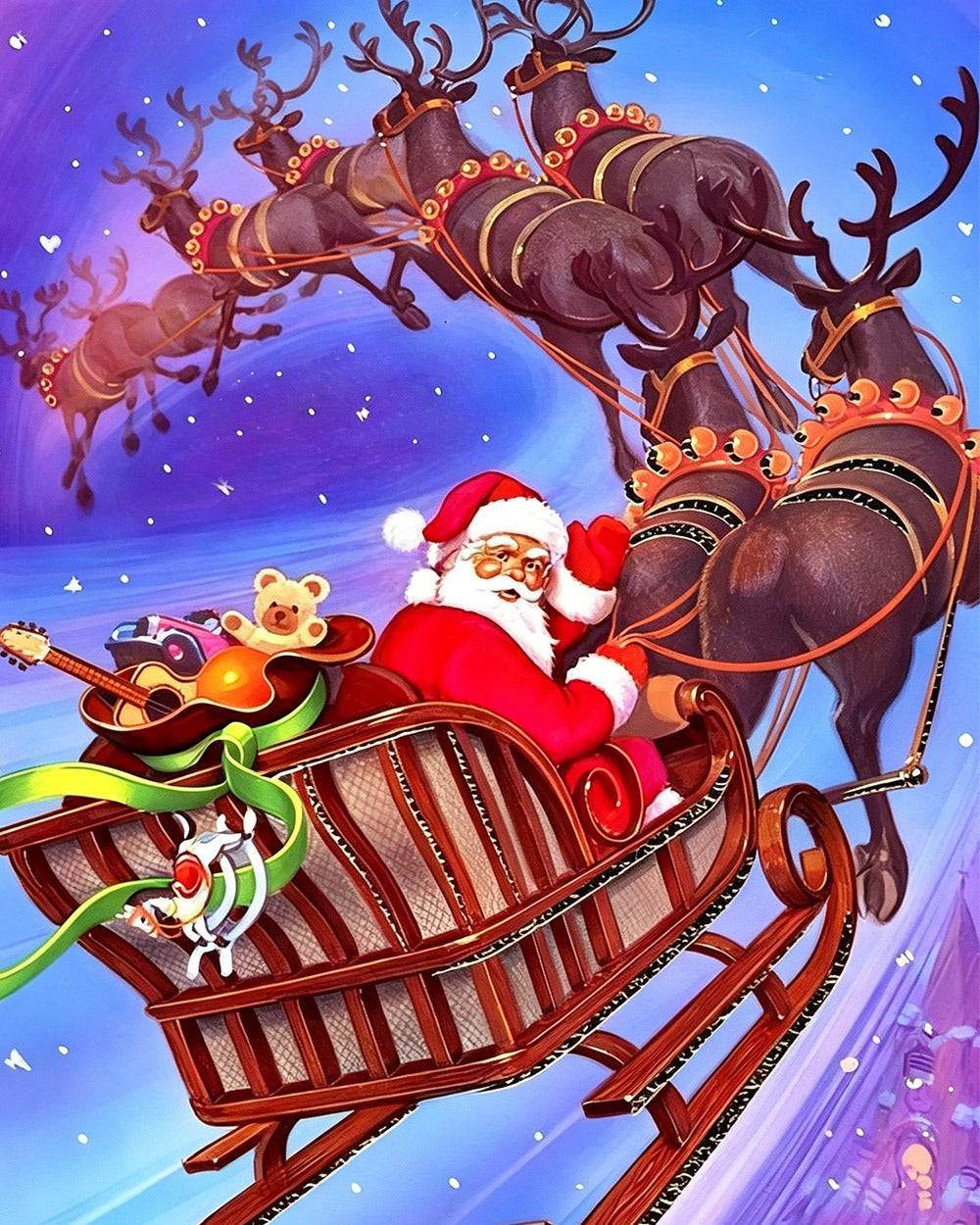 Santa's sleigh flying through the sky cross stitch kit for beginners