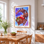 Santa's sleigh flying through the sky cross stitch artwork displayed on wall as home decor