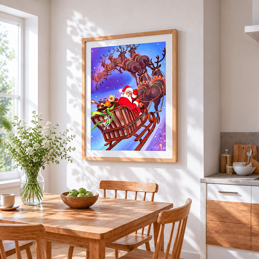 Santa's sleigh flying through the sky cross stitch artwork displayed on wall as home decor