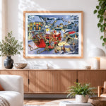 Finished santa's sleigh in a snowy village cross stitch artwork displayed