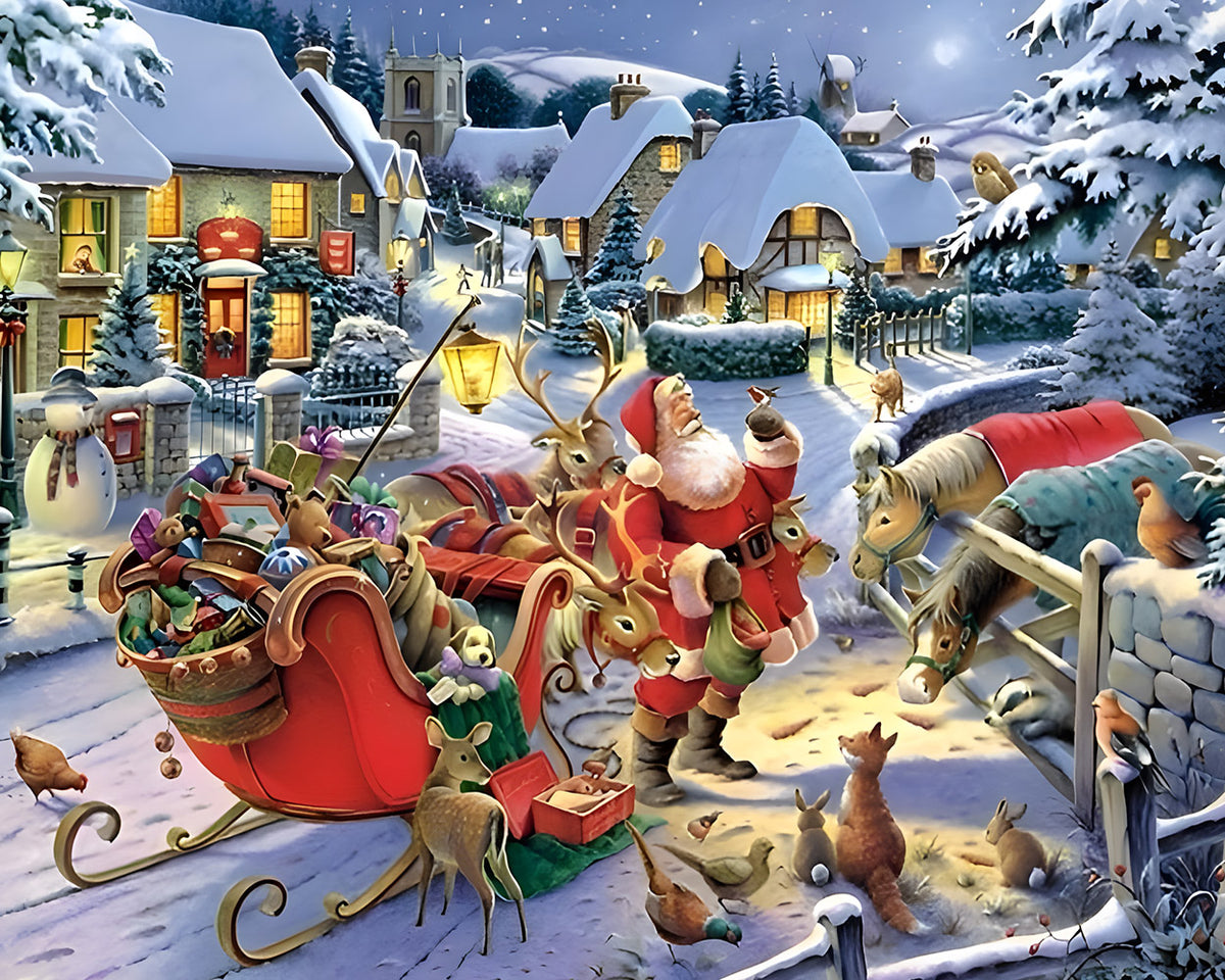 Santa's sleigh in a snowy village cross stitch kit for beginners